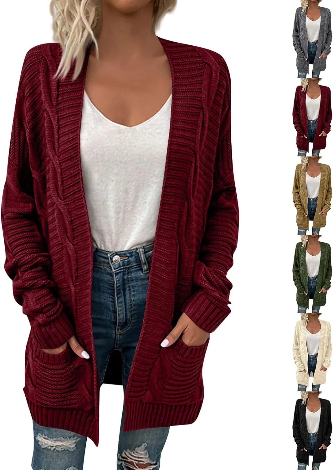 Open Front Cardigan for Women Oversized Long Sleeve Cable Knit Sweater Comfy Chunky Cardigan with Pockets