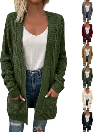 Open Front Cardigan for Women Oversized Long Sleeve Cable Knit Sweater Comfy Chunky Cardigan with Pockets