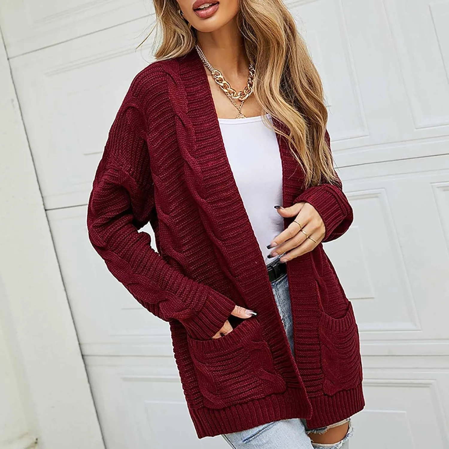 Open Front Cardigan for Women Oversized Long Sleeve Cable Knit Sweater Comfy Chunky Cardigan with Pockets