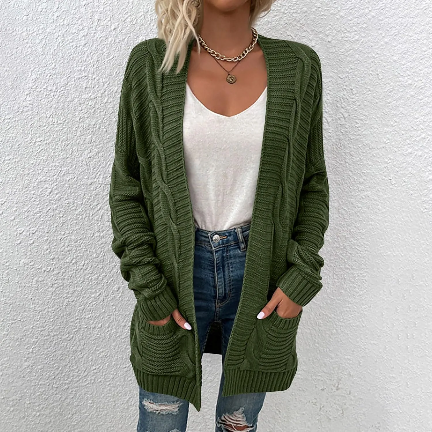 Open Front Cardigan for Women Oversized Long Sleeve Cable Knit Sweater Comfy Chunky Cardigan with Pockets