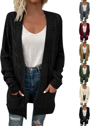 Open Front Cardigan for Women Oversized Long Sleeve Cable Knit Sweater Comfy Chunky Cardigan with Pockets