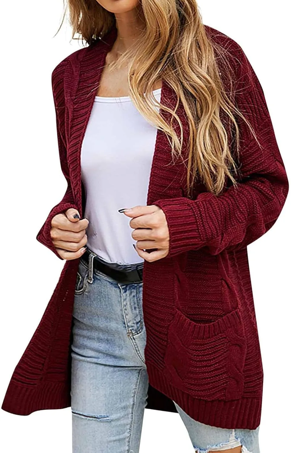 Open Front Cardigan for Women Oversized Long Sleeve Cable Knit Sweater Comfy Chunky Cardigan with Pockets