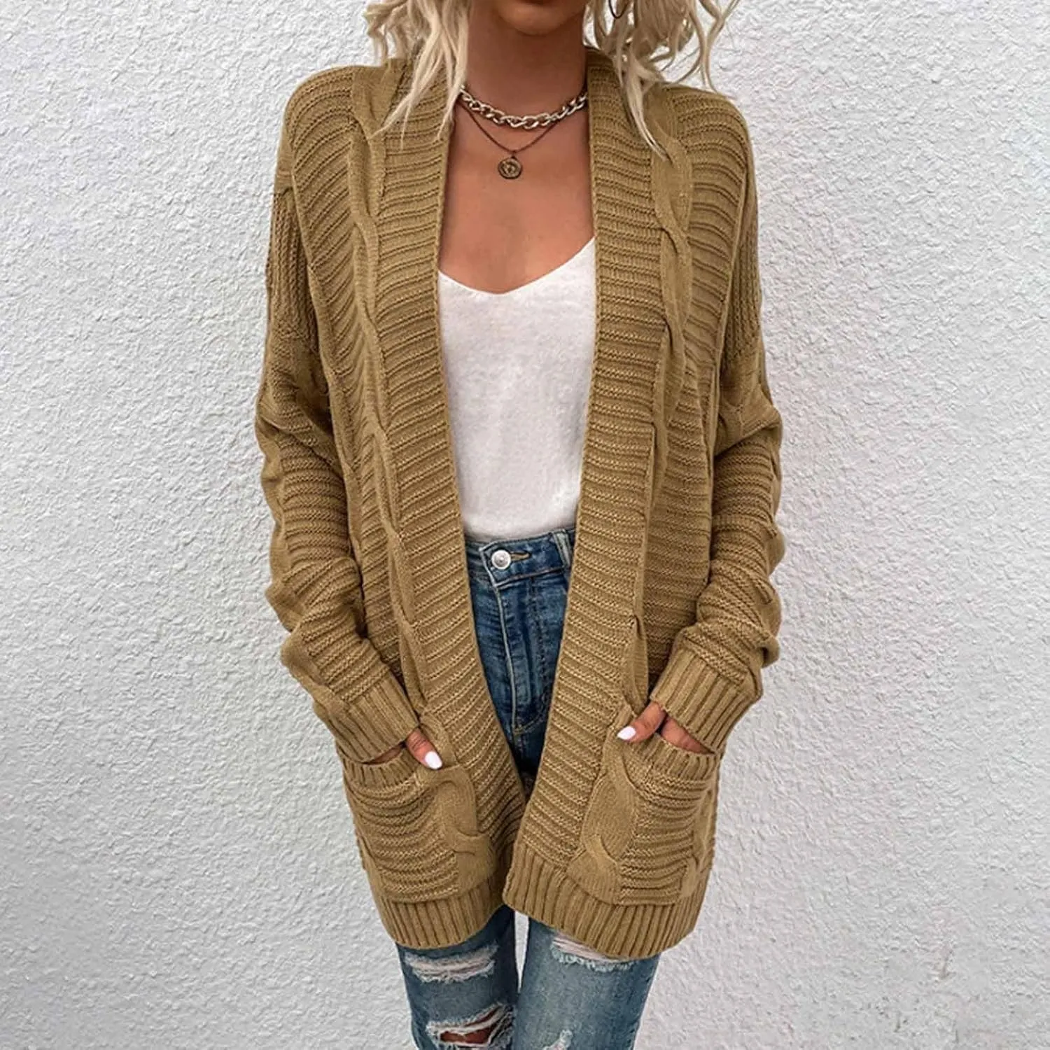 Open Front Cardigan for Women Oversized Long Sleeve Cable Knit Sweater Comfy Chunky Cardigan with Pockets