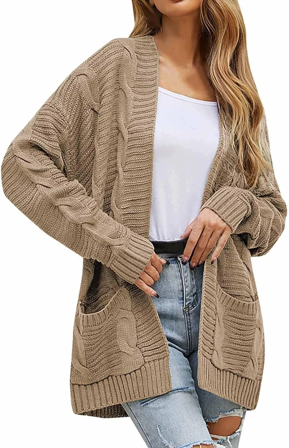 Open Front Cardigan for Women Oversized Long Sleeve Cable Knit Sweater Comfy Chunky Cardigan with Pockets