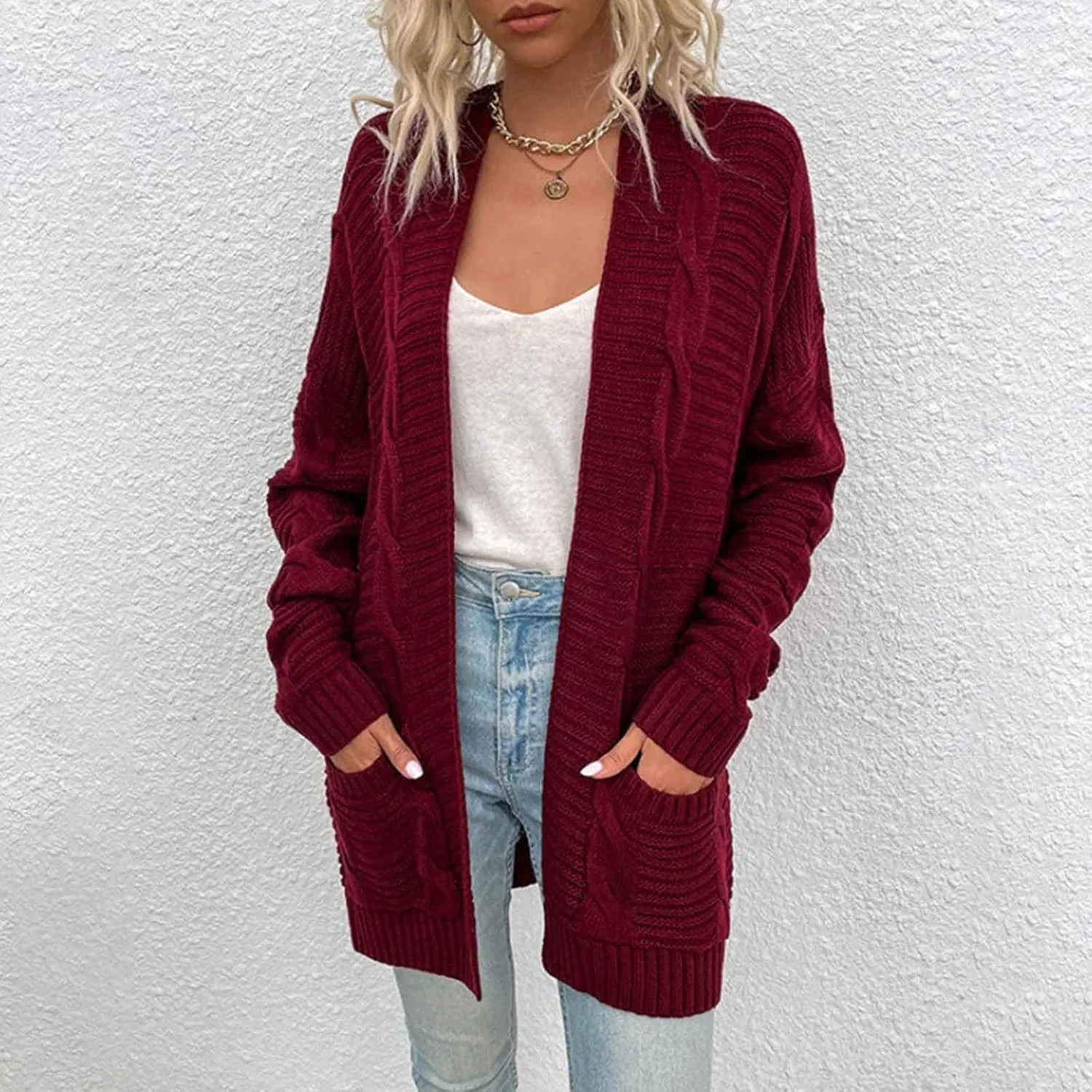 Open Front Cardigan for Women Oversized Long Sleeve Cable Knit Sweater Comfy Chunky Cardigan with Pockets