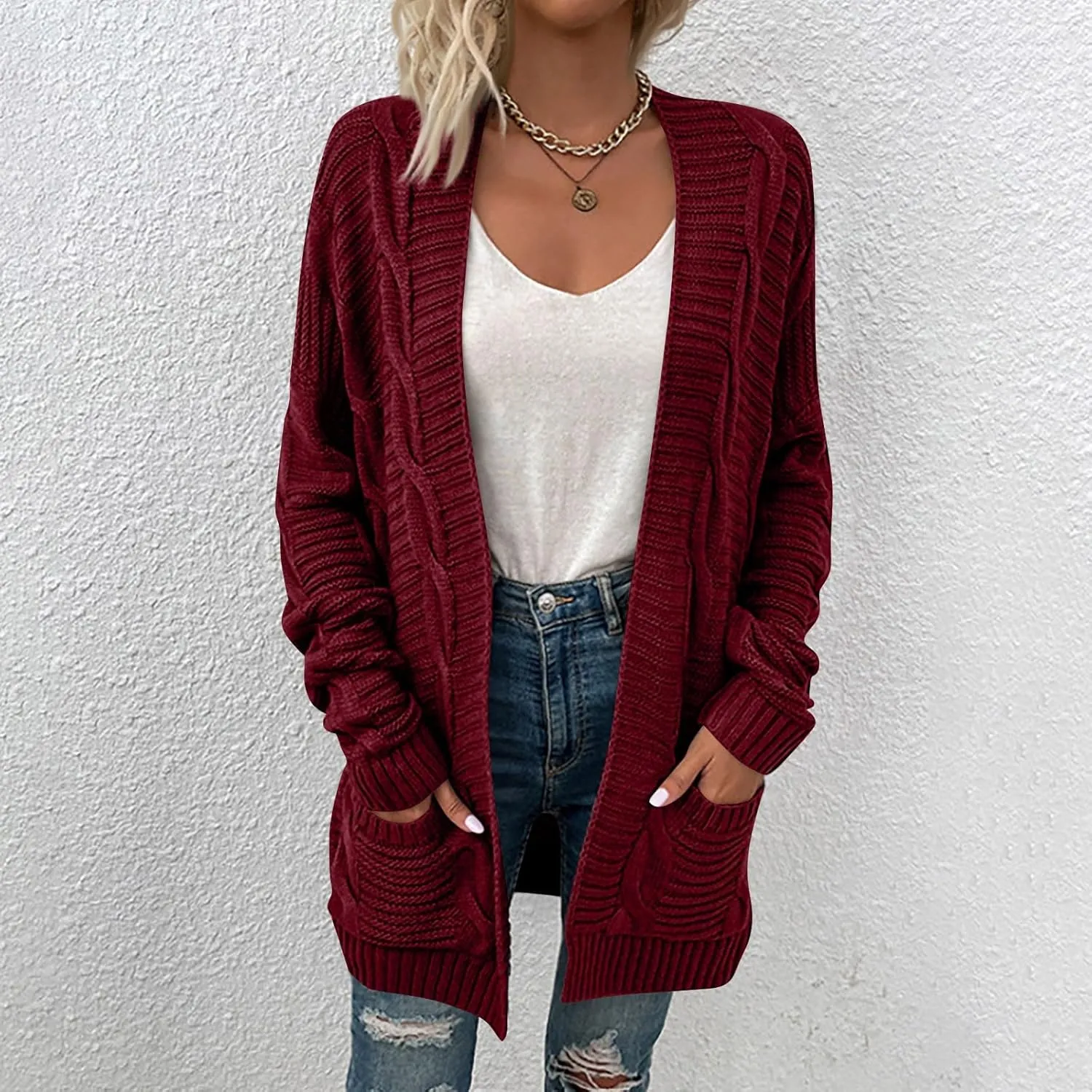 Open Front Cardigan for Women Oversized Long Sleeve Cable Knit Sweater Comfy Chunky Cardigan with Pockets