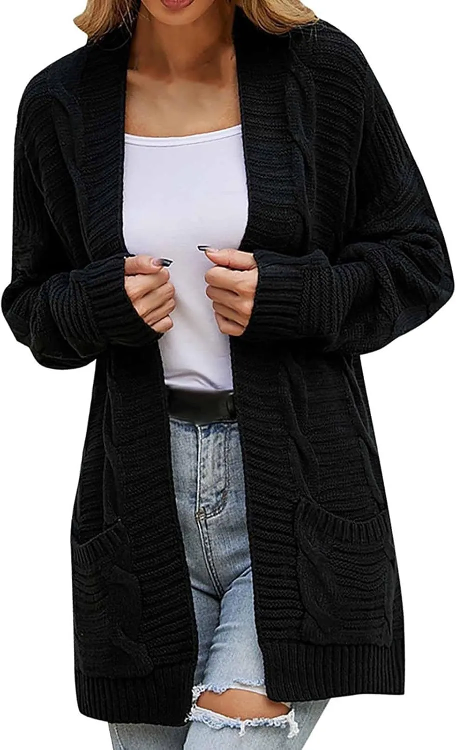 Open Front Cardigan for Women Oversized Long Sleeve Cable Knit Sweater Comfy Chunky Cardigan with Pockets