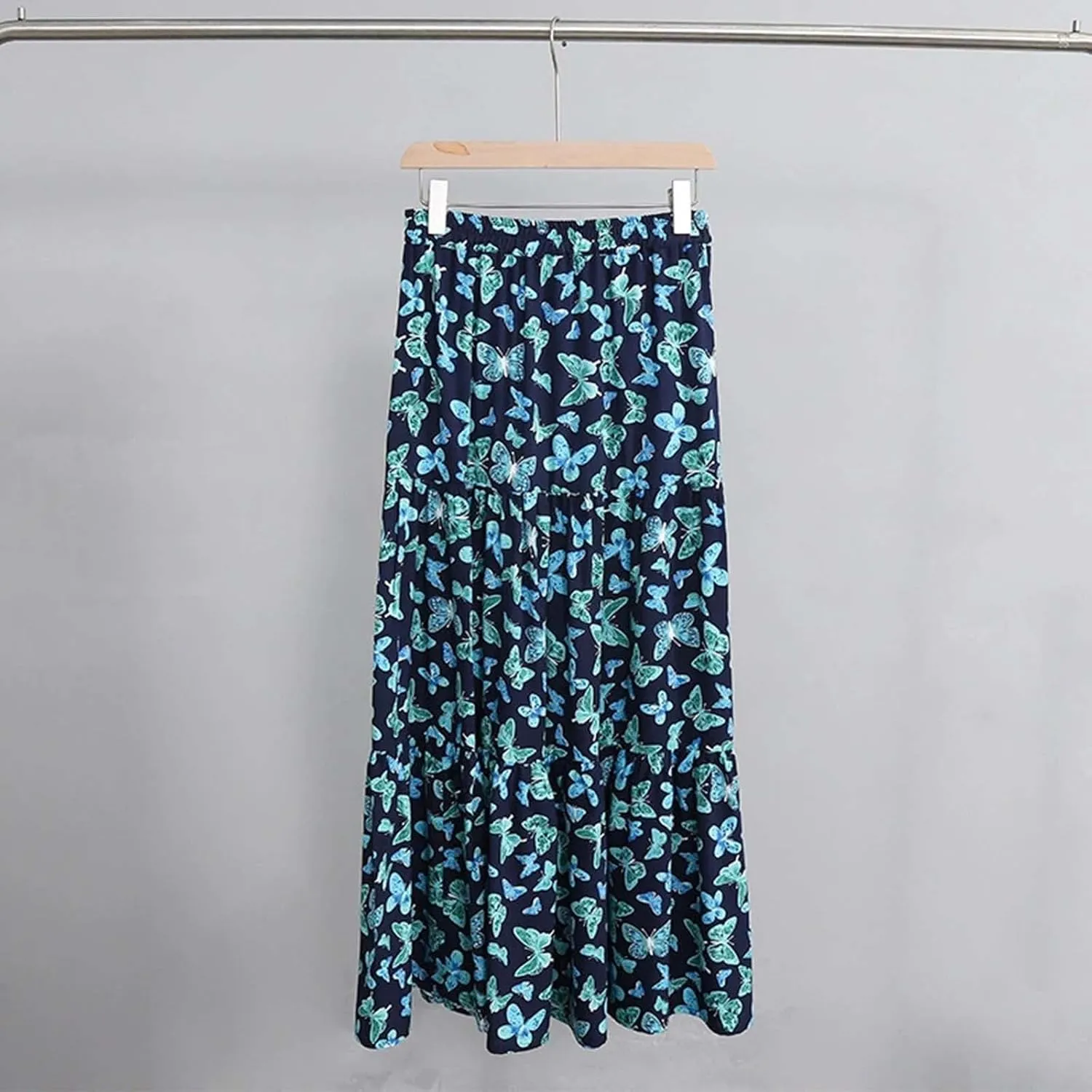 Oplxuo Women's Maxi Skirts Elastic High Waist Tiered Pleated Floral Printed A-Line Flowy Boho Long Skirts