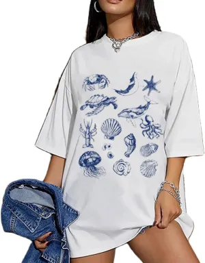 Oversized Graphic Tees for Women Y2k Short Sleeve Ocean/Shark Baggy Shirt Cute Crewneck Aesthetic Preppy Clothes