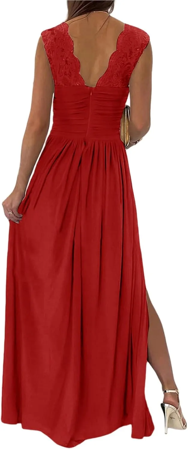 Party Dresses for Women Wrap Sleeveless Lace Strap Maxi Dress V-Neck Ruched Sexy Hem Slit Wedding Guest Dresses