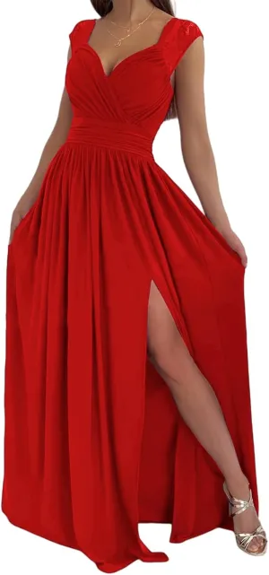 Party Dresses for Women Wrap Sleeveless Lace Strap Maxi Dress V-Neck Ruched Sexy Hem Slit Wedding Guest Dresses