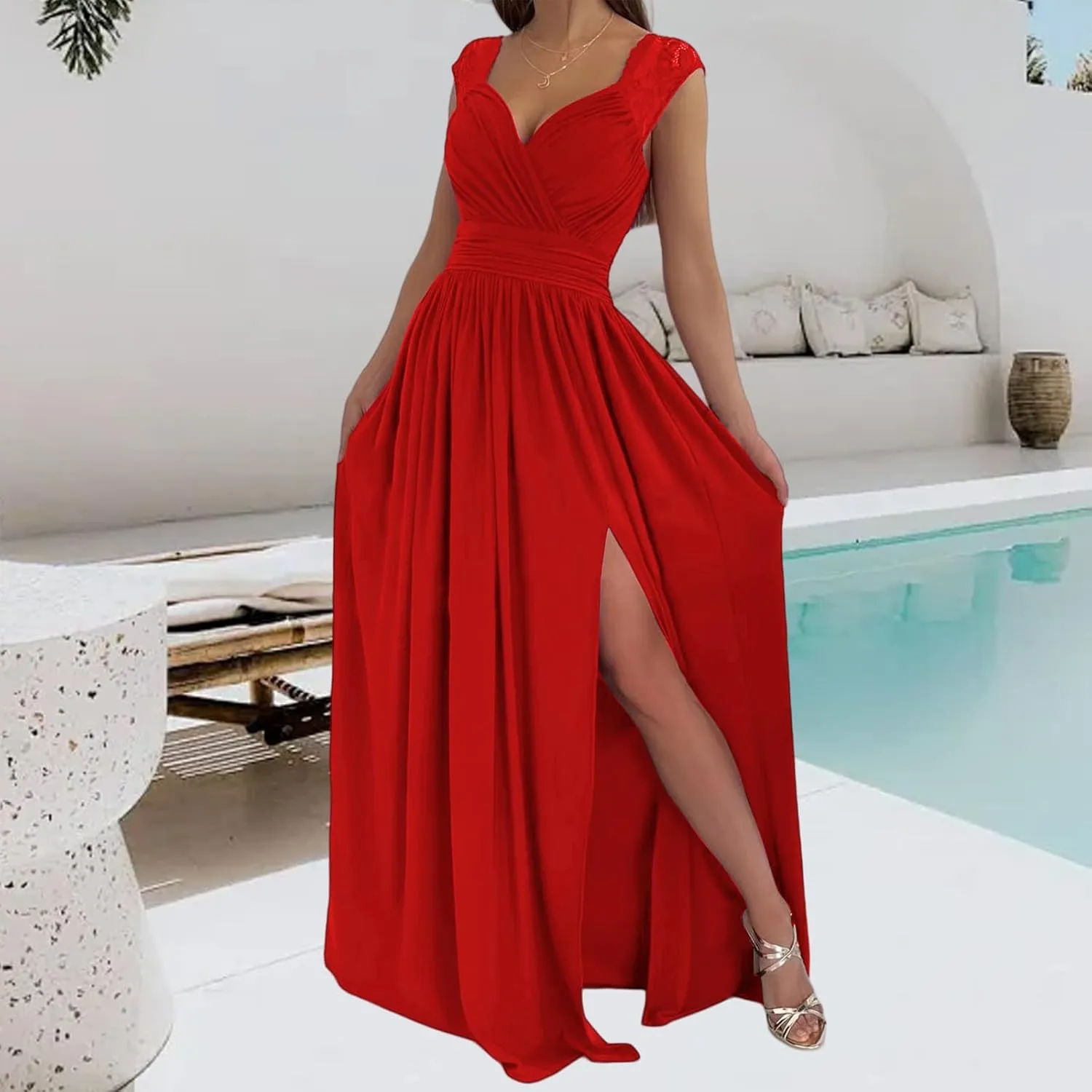 Party Dresses for Women Wrap Sleeveless Lace Strap Maxi Dress V-Neck Ruched Sexy Hem Slit Wedding Guest Dresses