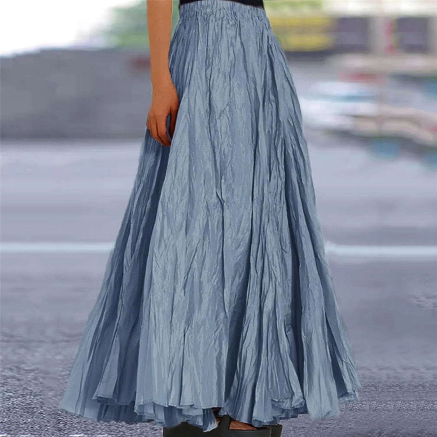 Pleated Maxi Skirts for Women 2025 Summer High Waisted Solid Color Swing A-Line Long Beach Skirt