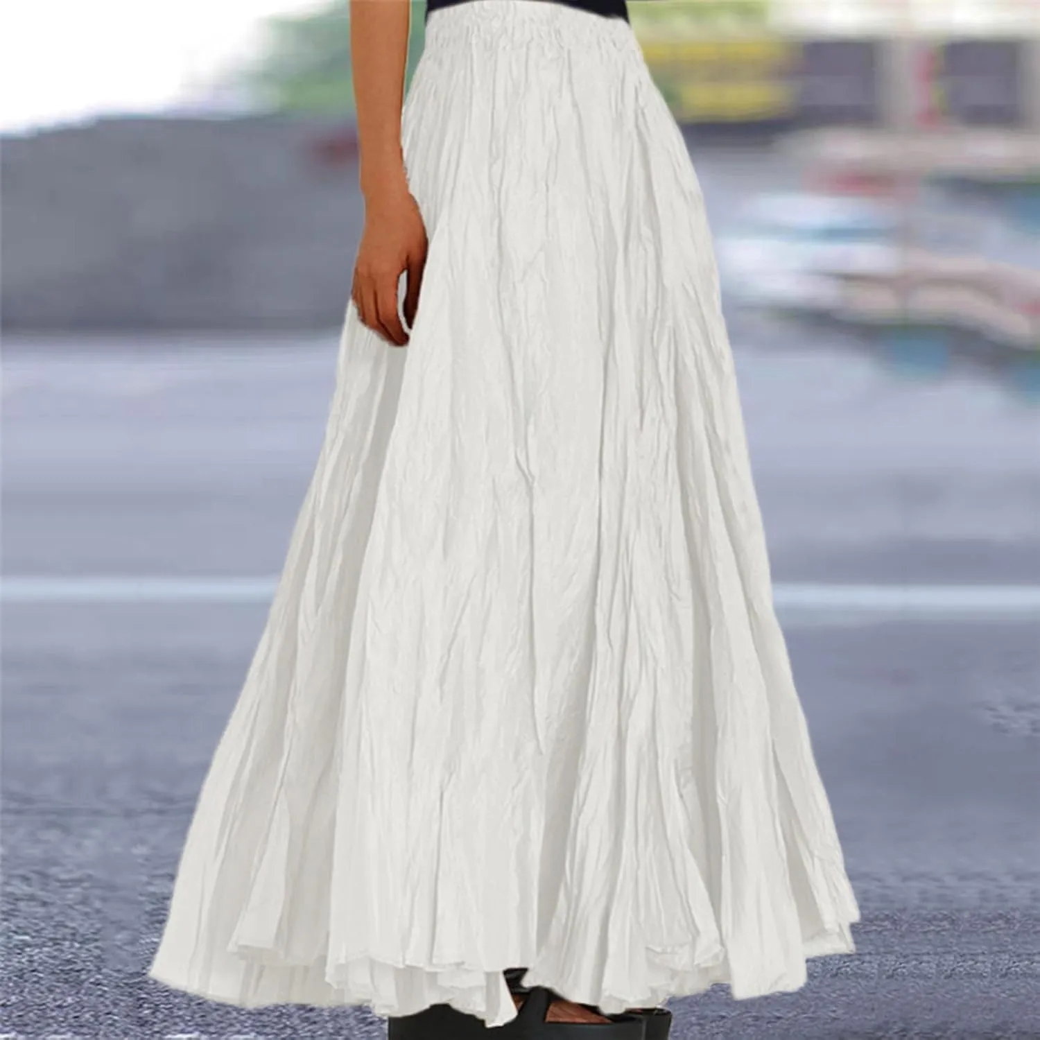Pleated Maxi Skirts for Women 2025 Summer High Waisted Solid Color Swing A-Line Long Beach Skirt