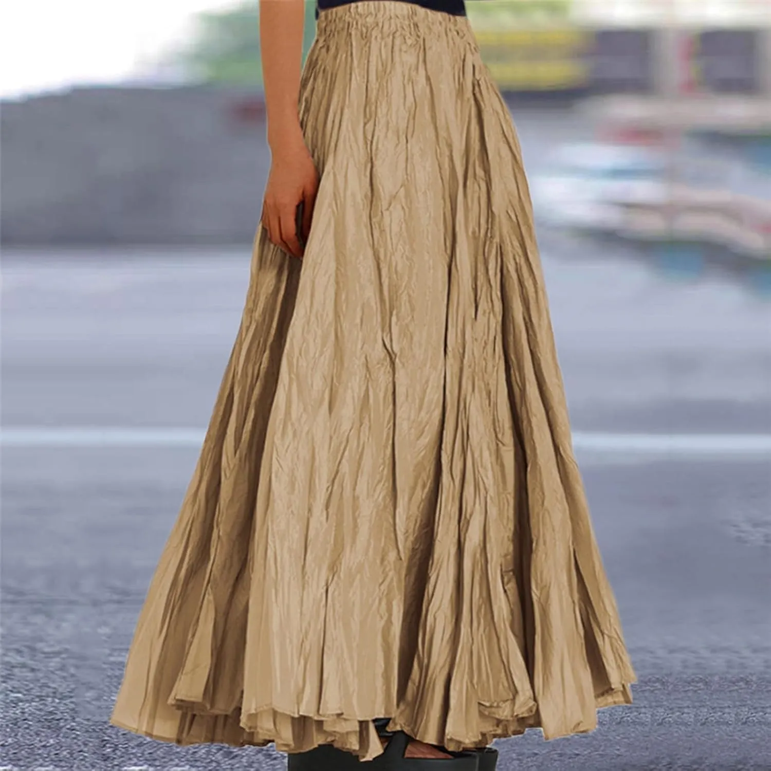 Pleated Maxi Skirts for Women 2025 Summer High Waisted Solid Color Swing A-Line Long Beach Skirt