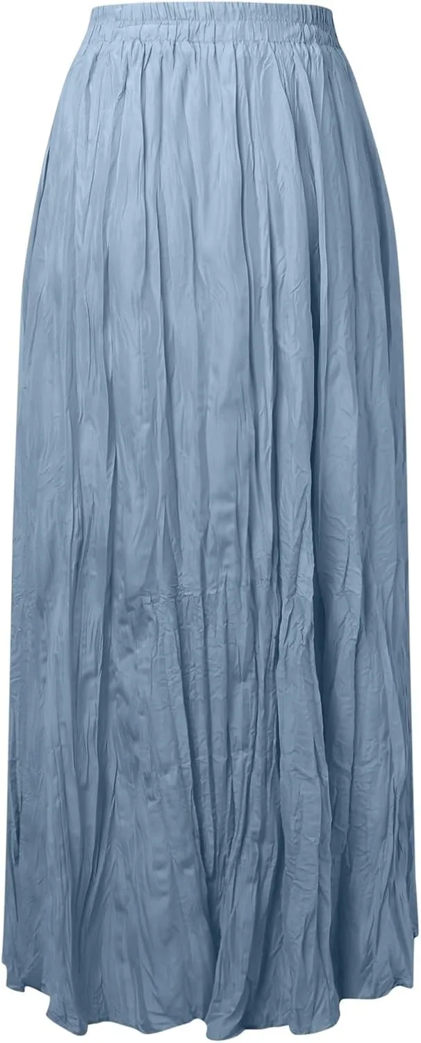 Pleated Maxi Skirts for Women 2025 Summer High Waisted Solid Color Swing A-Line Long Beach Skirt