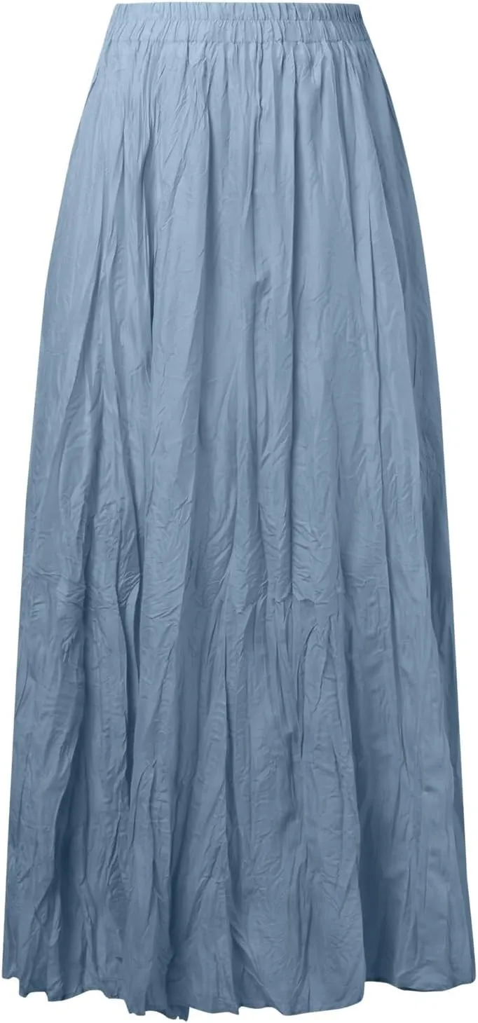 Pleated Maxi Skirts for Women 2025 Summer High Waisted Solid Color Swing A-Line Long Beach Skirt
