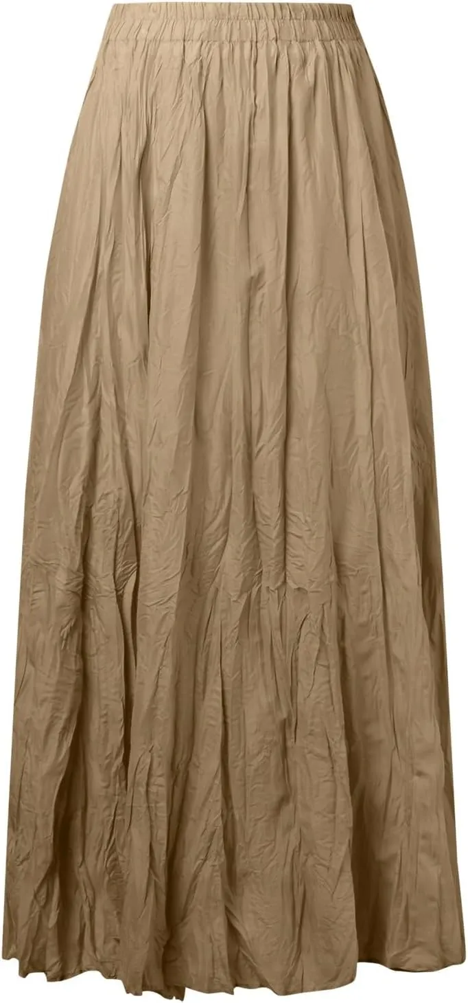 Pleated Maxi Skirts for Women 2025 Summer High Waisted Solid Color Swing A-Line Long Beach Skirt
