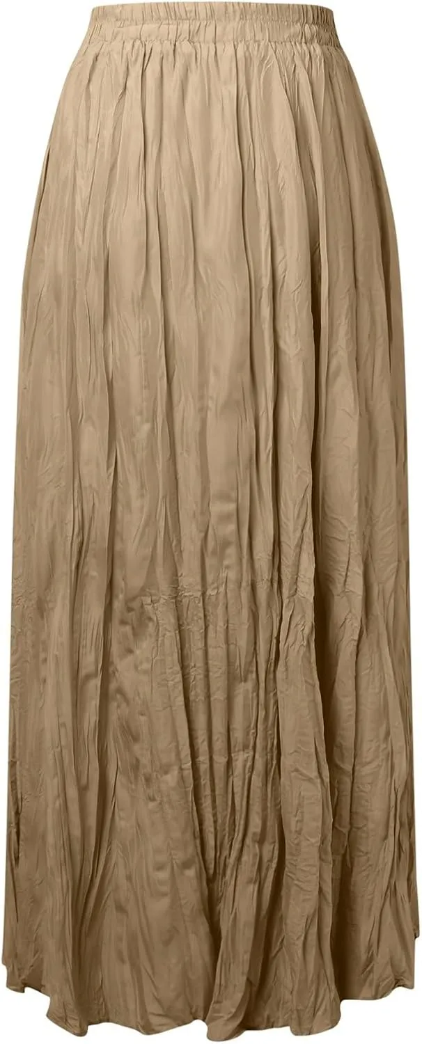 Pleated Maxi Skirts for Women 2025 Summer High Waisted Solid Color Swing A-Line Long Beach Skirt