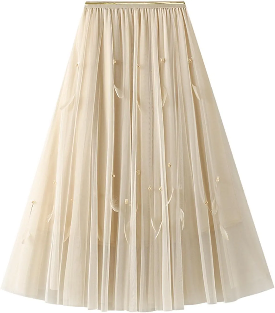 Pleated Midi Skirts for Women 2025 Summer Elastic Waisted Solid Color Swing A-Line Tulle Long Skirt