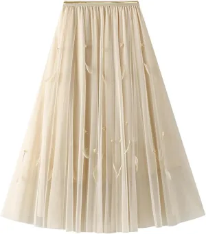 Pleated Midi Skirts for Women 2025 Summer Elastic Waisted Solid Color Swing A-Line Tulle Long Skirt