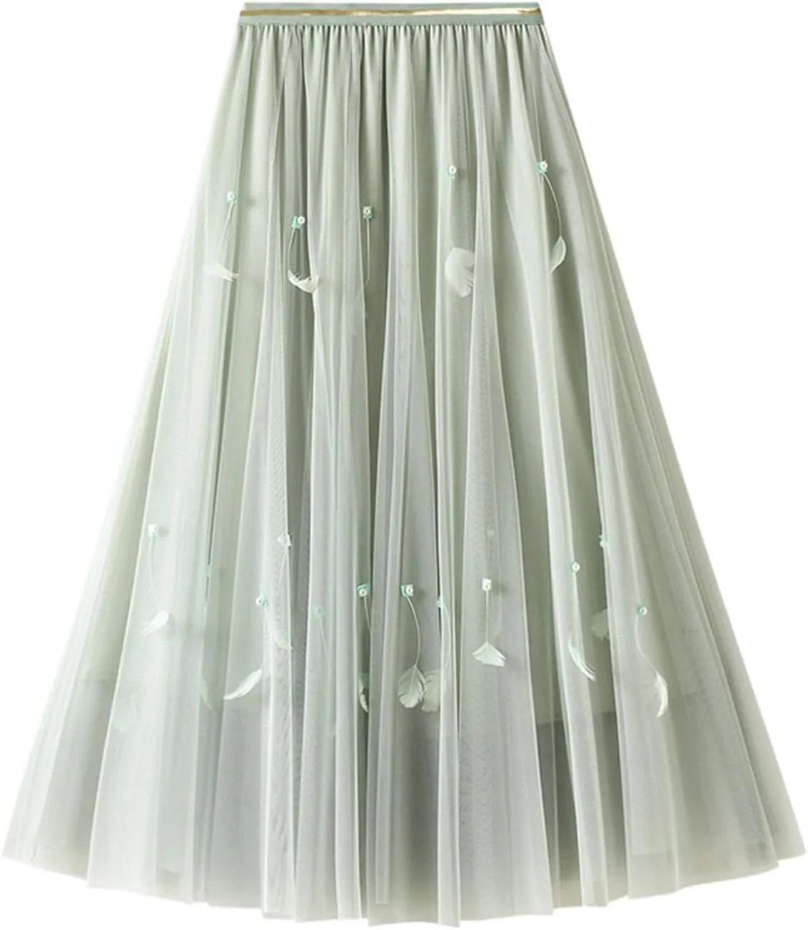Pleated Midi Skirts for Women 2025 Summer Elastic Waisted Solid Color Swing A-Line Tulle Long Skirt