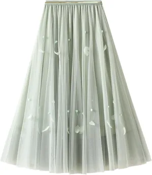 Pleated Midi Skirts for Women 2025 Summer Elastic Waisted Solid Color Swing A-Line Tulle Long Skirt