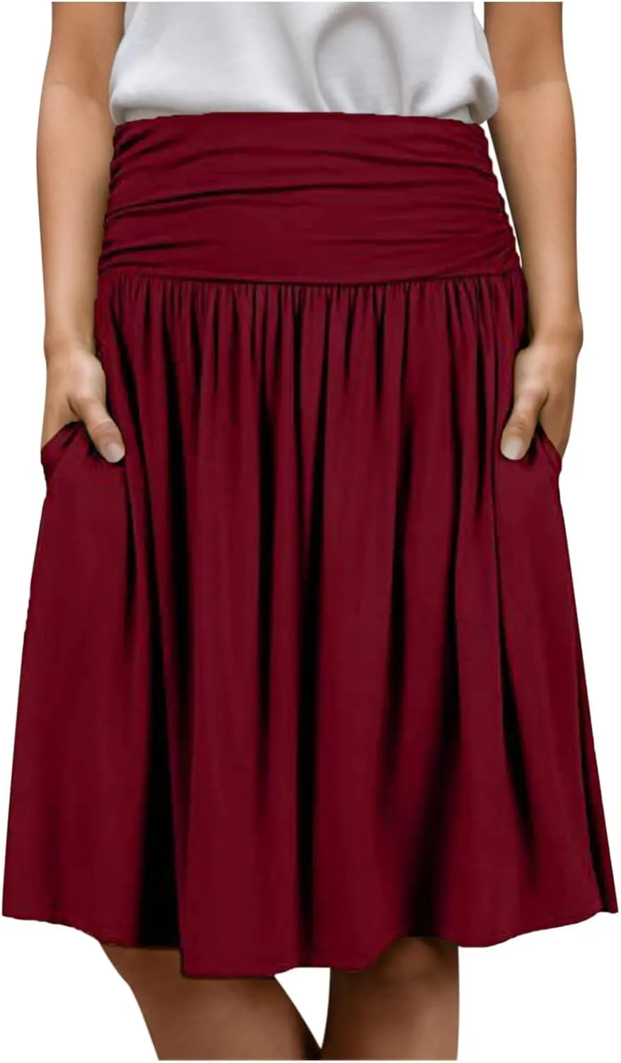 Pleated Midi Skirts for Women 2025 Summer High Waisted Solid Color Flowy A-Line Skirt with Pockets