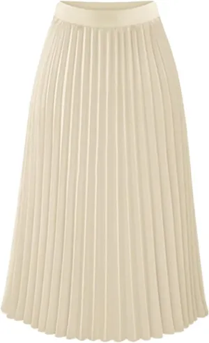 Pleated Midi Skirts for Women Casual High Elastic Waisted Solid Color Swing A-Line Elegant Work Skirt