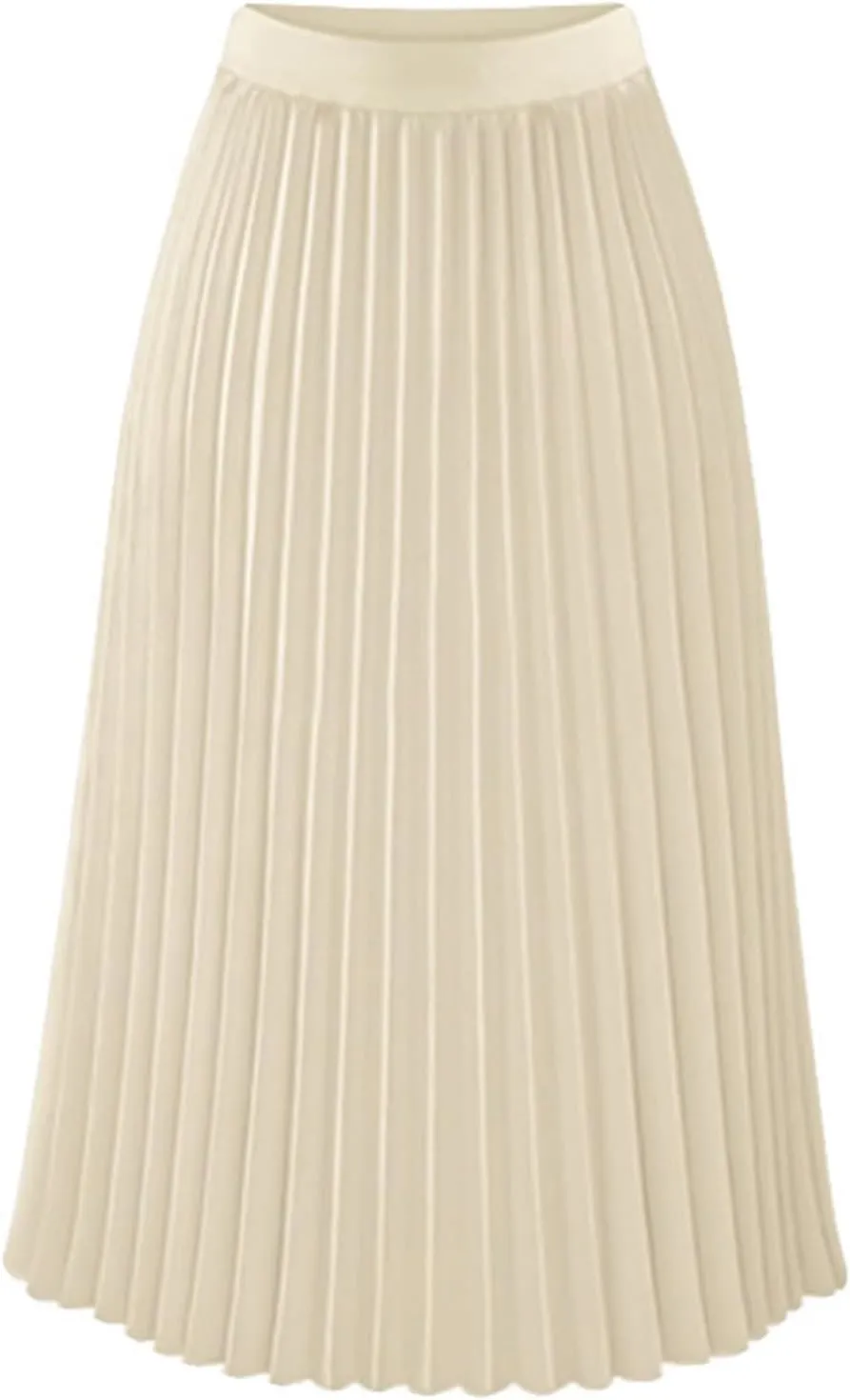 Pleated Midi Skirts for Women Casual High Elastic Waisted Solid Color Swing A-Line Elegant Work Skirt