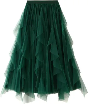 Pleated Midi Skirts for Women Summer Elastic Waisted Flowy Swing A-Line Patchwork Ruffle Tulle Skirt
