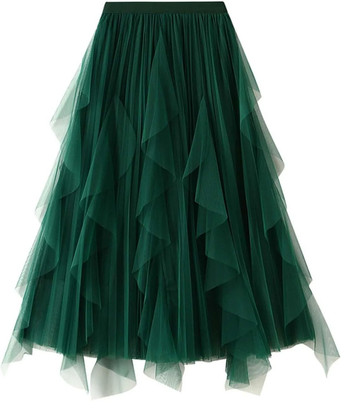 Pleated Midi Skirts for Women Summer Elastic Waisted Flowy Swing A-Line Patchwork Ruffle Tulle Skirt