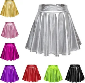 Pleated Skirts for Women Metallic Mini Skirt Sexy Holographic Shiny Flared A-Line Skater Skirts for Casual/Club/Rave