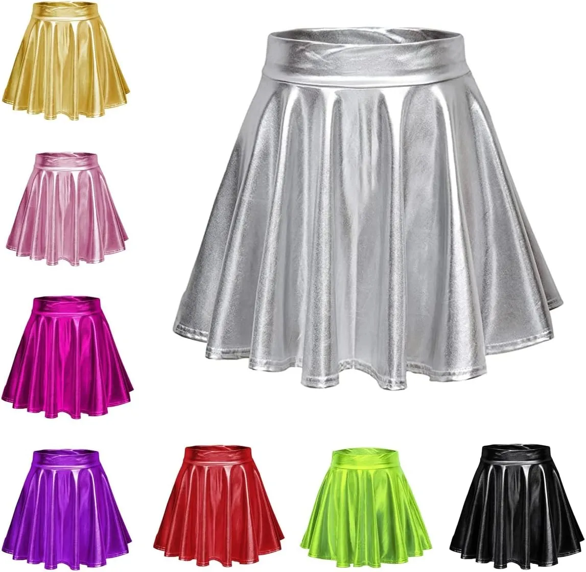 Pleated Skirts for Women Metallic Mini Skirt Sexy Holographic Shiny Flared A-Line Skater Skirts for Casual/Club/Rave