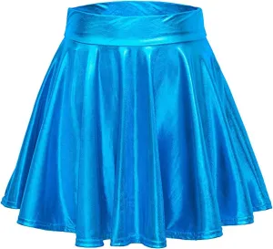 Pleated Skirts for Women Metallic Mini Skirt Sexy Holographic Shiny Flared A-Line Skater Skirts for Casual/Club/Rave