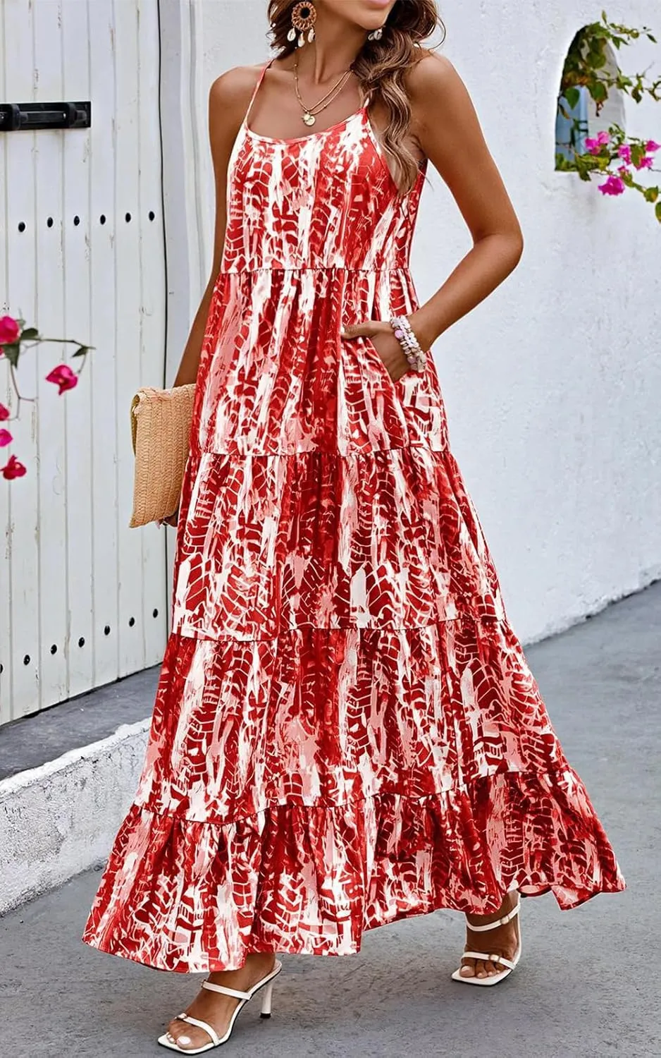 PRETTYGARDEN Women Summer Dresses 2025 Spaghetti Strap Scoop Neck Floral Maxi Dress Flowy Boho Long Sundress with Pockets
