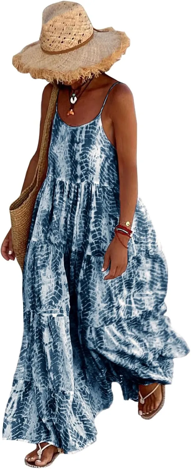 PRETTYGARDEN Women Summer Dresses 2025 Spaghetti Strap Scoop Neck Floral Maxi Dress Flowy Boho Long Sundress with Pockets