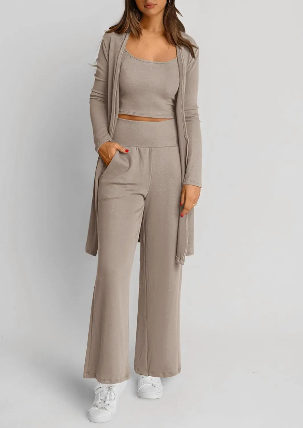 PRETTYGARDEN Women's Spring 3 Piece Pajamas Lounge Sets Fall Ribbed Knit Long Cardigan Cropped Tank Tops Wide Leg Pants