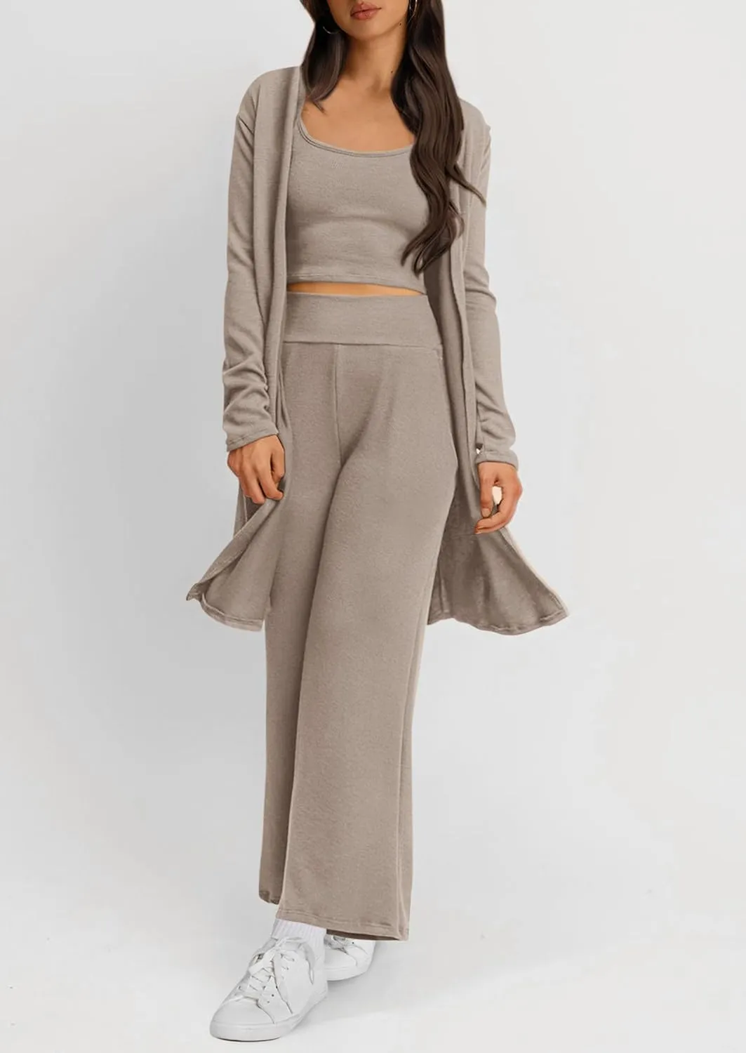 PRETTYGARDEN Women's Spring 3 Piece Pajamas Lounge Sets Fall Ribbed Knit Long Cardigan Cropped Tank Tops Wide Leg Pants