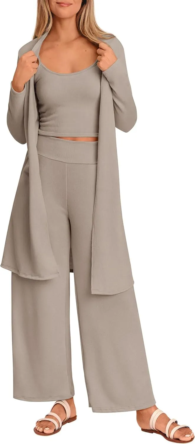 PRETTYGARDEN Women's Spring 3 Piece Pajamas Lounge Sets Fall Ribbed Knit Long Cardigan Cropped Tank Tops Wide Leg Pants
