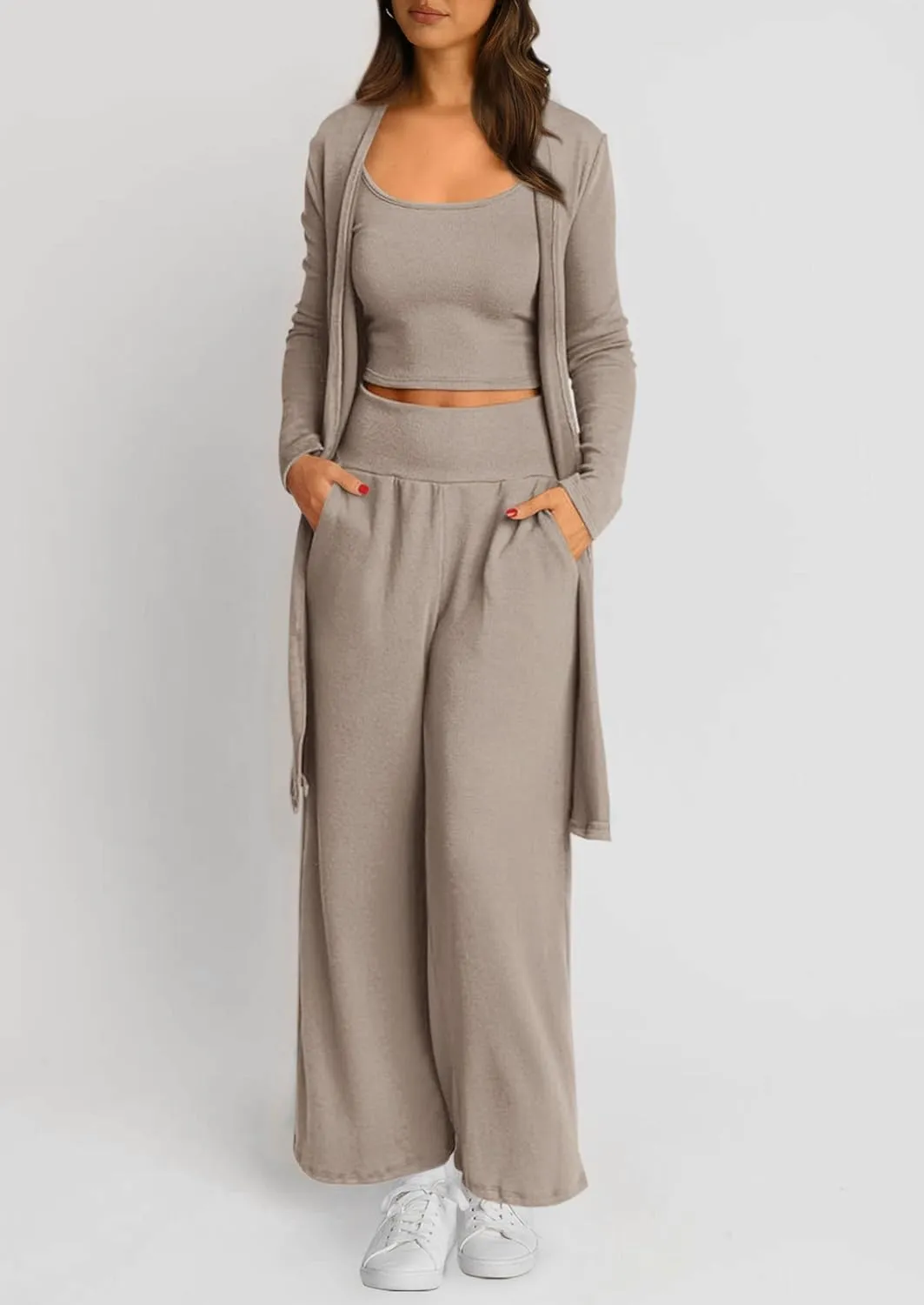 PRETTYGARDEN Women's Spring 3 Piece Pajamas Lounge Sets Fall Ribbed Knit Long Cardigan Cropped Tank Tops Wide Leg Pants