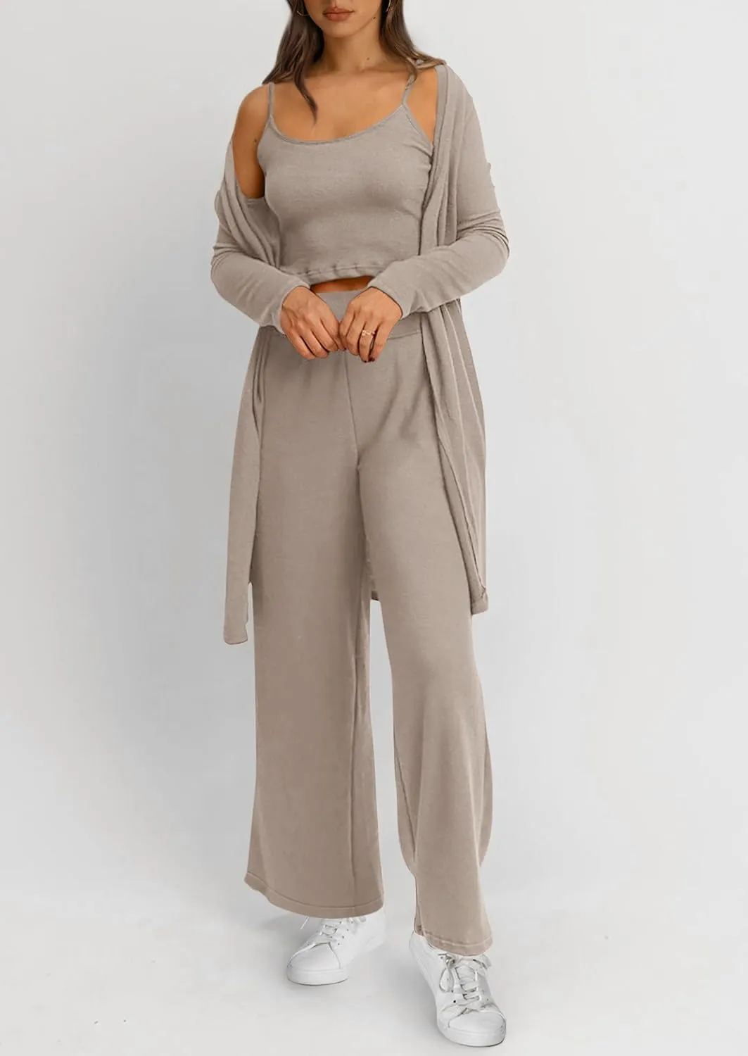 PRETTYGARDEN Women's Spring 3 Piece Pajamas Lounge Sets Fall Ribbed Knit Long Cardigan Cropped Tank Tops Wide Leg Pants