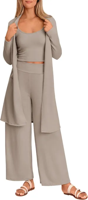 PRETTYGARDEN Women's Spring 3 Piece Pajamas Lounge Sets Fall Ribbed Knit Long Cardigan Cropped Tank Tops Wide Leg Pants