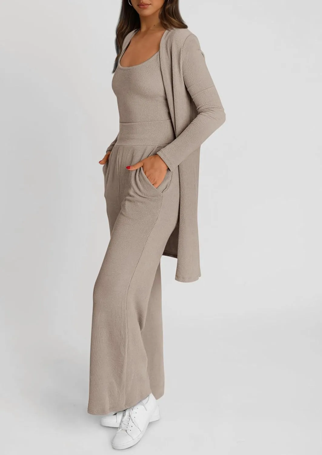 PRETTYGARDEN Women's Spring 3 Piece Pajamas Lounge Sets Fall Ribbed Knit Long Cardigan Cropped Tank Tops Wide Leg Pants