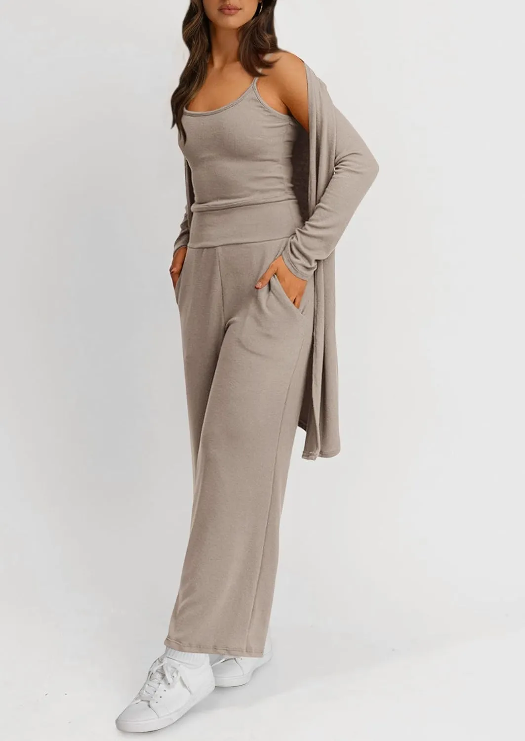 PRETTYGARDEN Women's Spring 3 Piece Pajamas Lounge Sets Fall Ribbed Knit Long Cardigan Cropped Tank Tops Wide Leg Pants