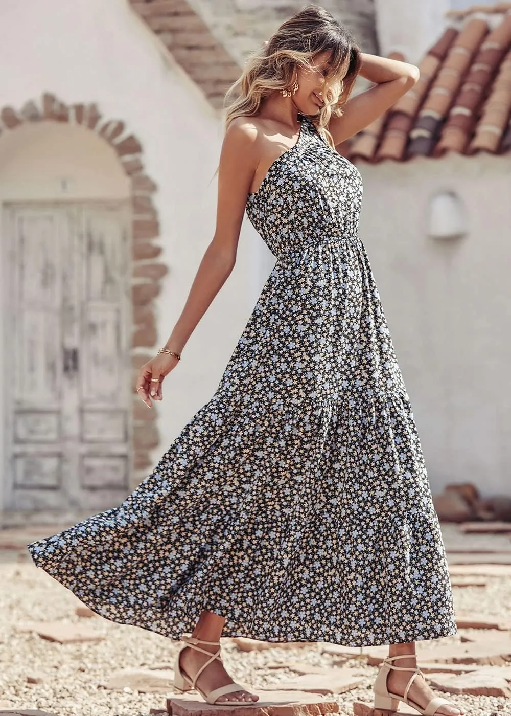 PRETTYGARDEN Women's Summer Floral One Shoulder Maxi Dress Knot Ruffle Boho Beach Vacation Wedding Guest Long Dresses