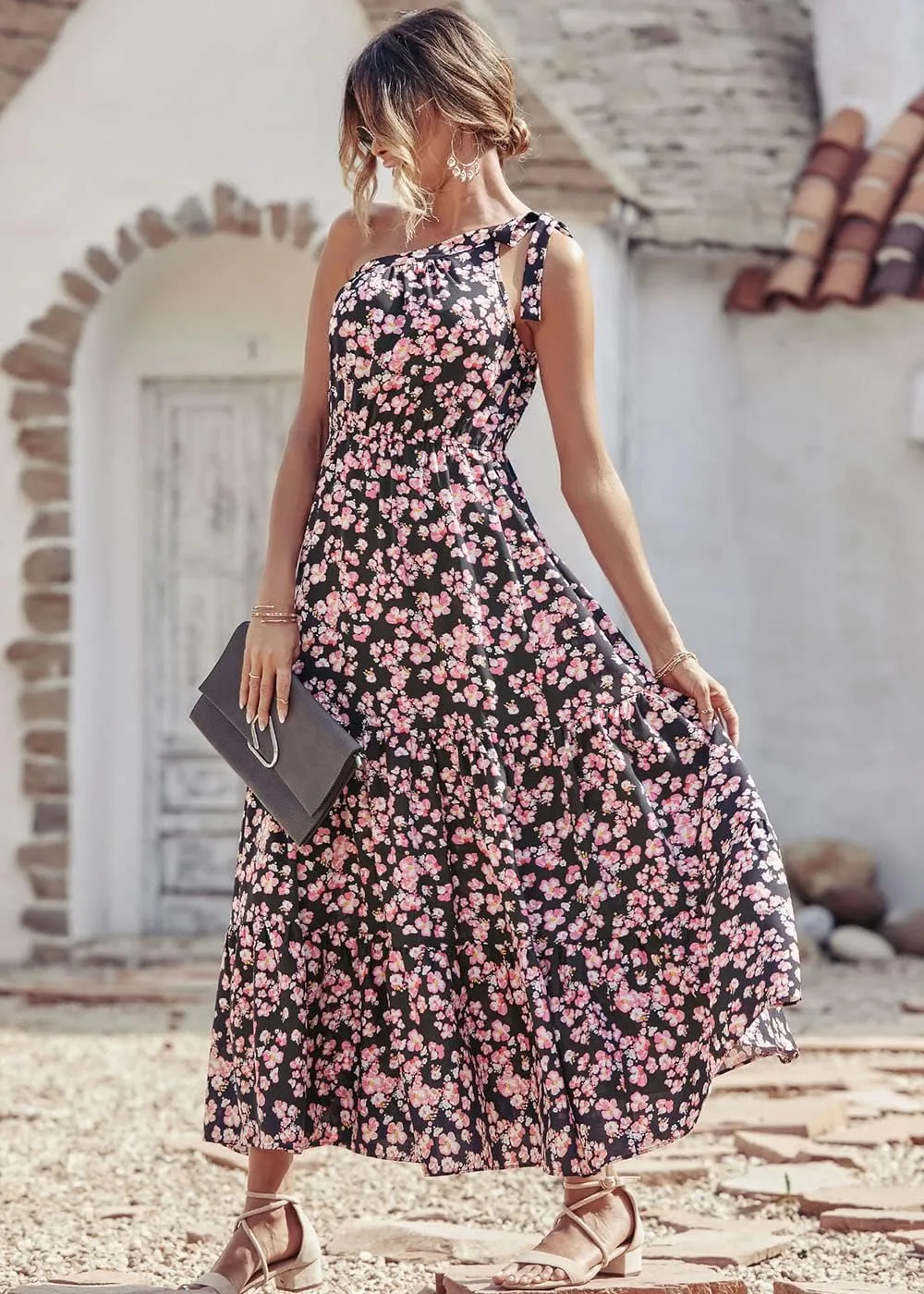 PRETTYGARDEN Women's Summer Floral One Shoulder Maxi Dress Knot Ruffle Boho Beach Vacation Wedding Guest Long Dresses