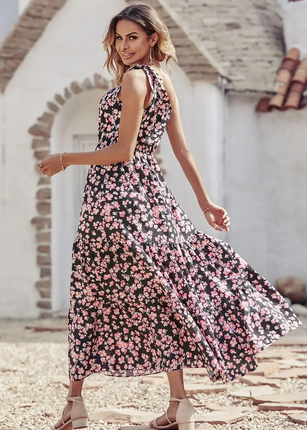 PRETTYGARDEN Women's Summer Floral One Shoulder Maxi Dress Knot Ruffle Boho Beach Vacation Wedding Guest Long Dresses