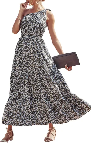 PRETTYGARDEN Women's Summer Floral One Shoulder Maxi Dress Knot Ruffle Boho Beach Vacation Wedding Guest Long Dresses