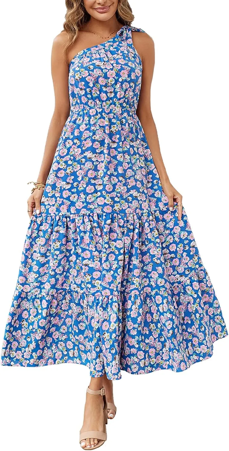 PRETTYGARDEN Women's Summer Floral One Shoulder Maxi Dress Knot Ruffle Boho Beach Vacation Wedding Guest Long Dresses